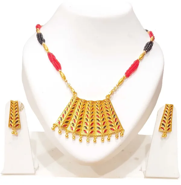 Assamese_Traditional_Gold_Plated_Red_Black_Colour_Tassel_Jewellery_Set_For_Women